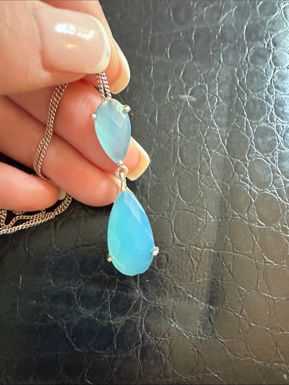 925 Blue Chalcedony Double Teardrop Pendant on 18” 925 Silver Chain